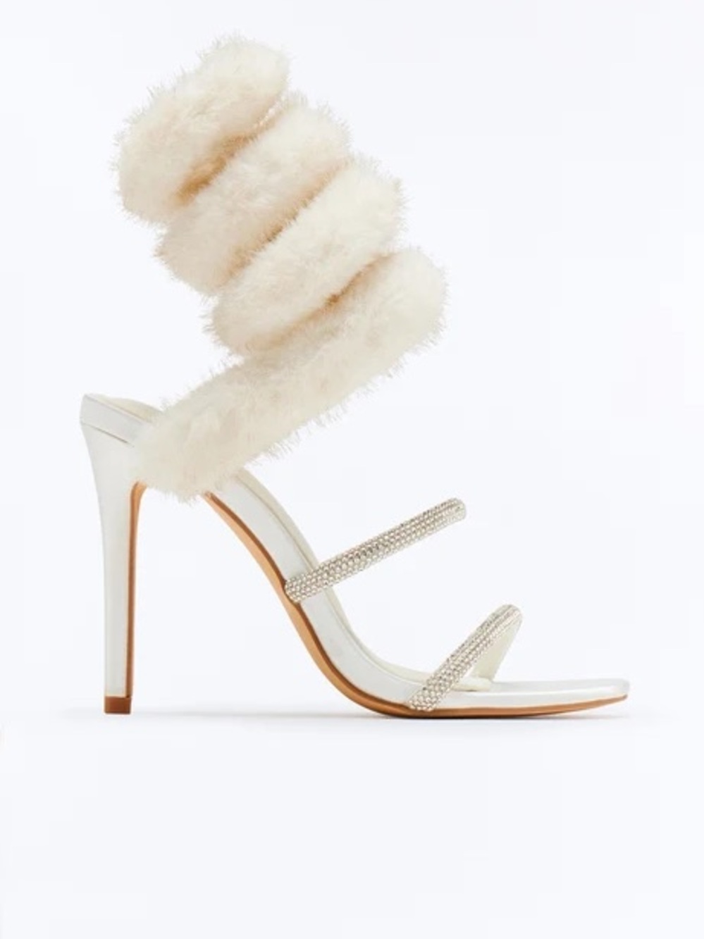 Ivory Fur-Trim Stiletto Sandal with Crystal Straps